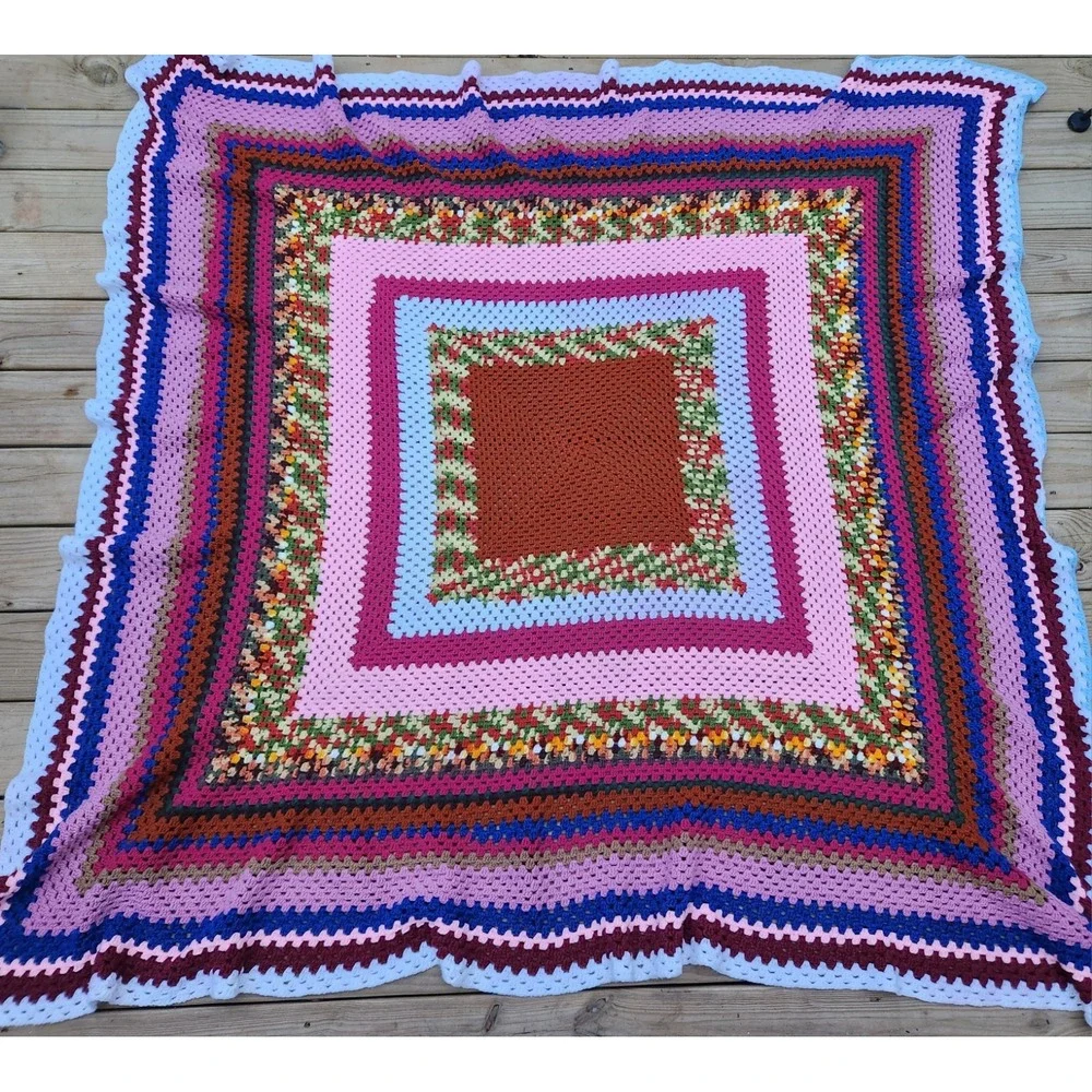 Vintage Hand Crochet AFGHAN Knit Retro Rectangle Throw‎ Blanket Spread 69